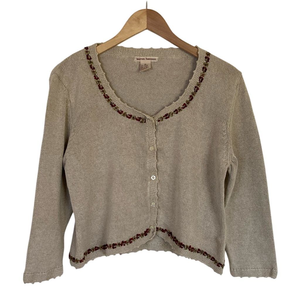 Vintage Lauren Hansen Womens Crop Cardigan Sweater Size XL Tan Cottage‎ Core